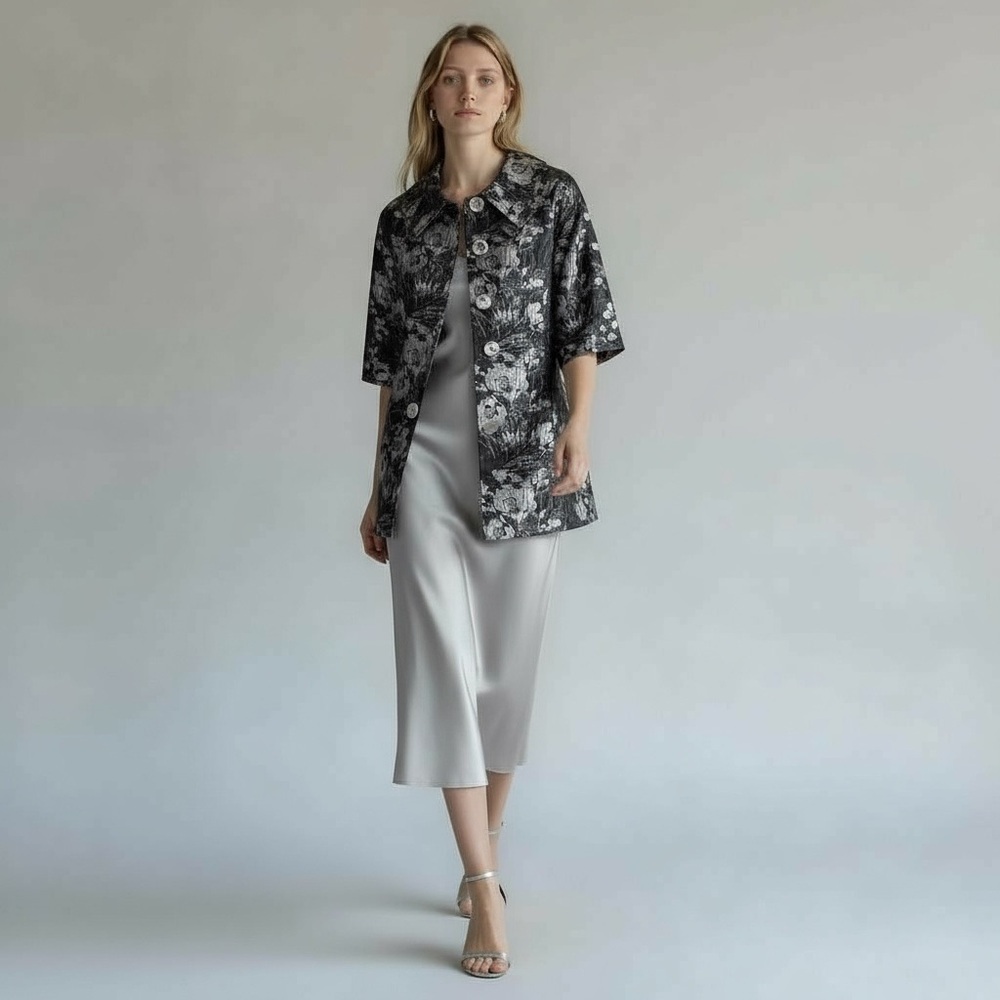 Slim Factor Metallic Silver Floral Jacquard Swing Jacket Rhinestone Button NEW